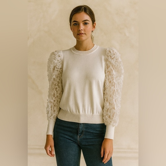 Vine & Love Tops - Vine & Love Top Puff Shoulder Long Sleeve Flower 3D Appliqué Snow White …​​